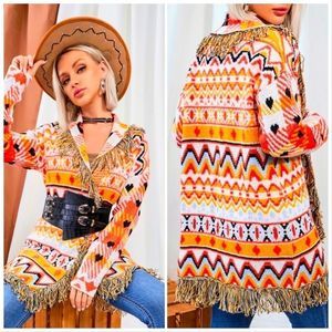 NWT! BOHEMIAN GEOMETRIC PATTERN FRINGE TRIM DROP SHOULDER OPEN FRONT CARDIGAN!